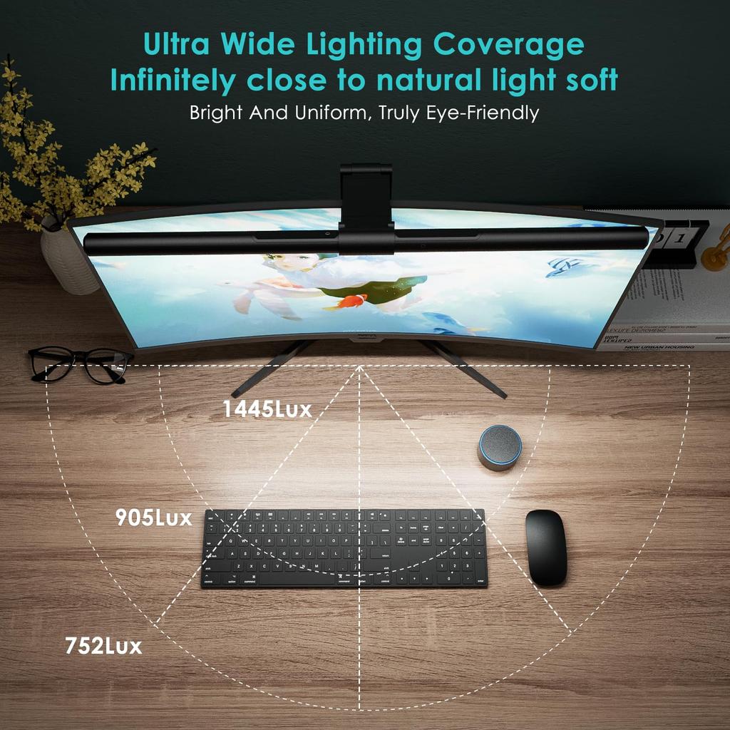 Quntis Desk Light Monitor Light Bar Light Wireless Remote Control Automatic Dimming 1200 Lux High Color Rendering Compatible with Curved USB Monitor