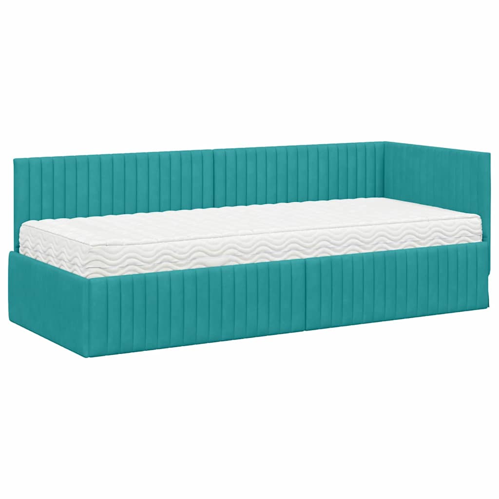 Corner Bed Frame with Mattress and Headboard 2 Pcs Turquoise Velvet