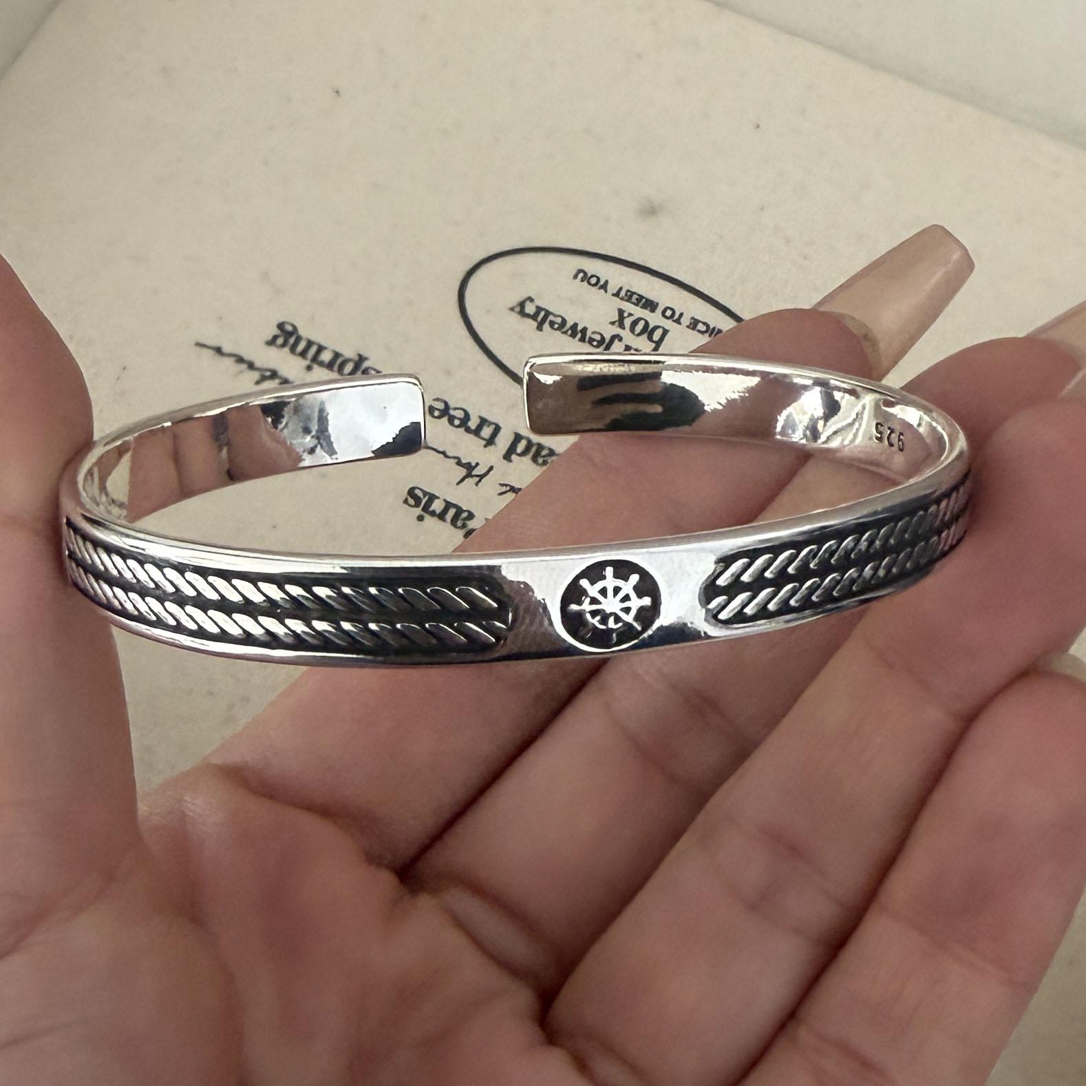 100% Solid 925 Sterling Silver Retro Bracelet for Women Men Vintage Handmade Retro Pattern Simple Bracelet Birthday Gift