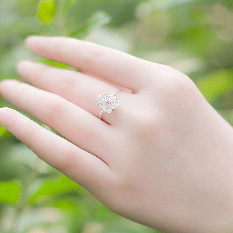 New Arrivals 925 Silver Rings for Women Adjustable Size Ring Pink Zircon Cherry Blossom Ring