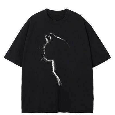 Streetwear Cat Shadow Graphic T-Shirt Cotton Tshirt Unisex Tops Tees Summer Short Sleeves T Shirt