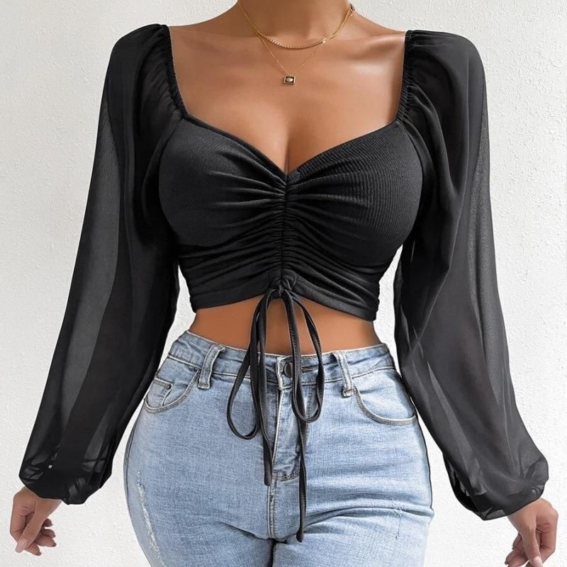 

Internet Famous Sexy Sexy Fashion Wind V-neck Drawstring Patchwork Slimming Long Sleeve Top Female Slim V-neck Top Black All yards
