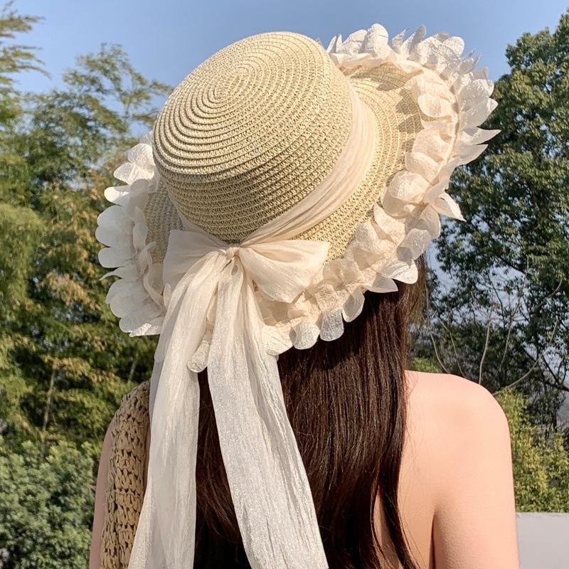 Flat Top Straw Hat Summer Shade Seaside Vacation Sweet Sun Hat Versatile Beach Hat Women's Sun Protection Hat New