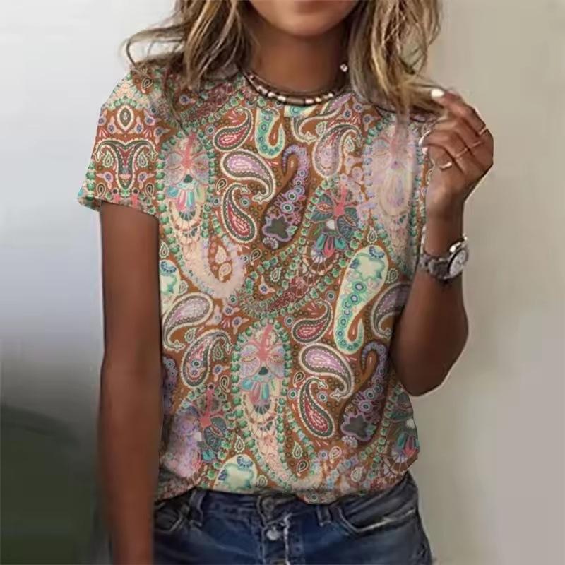 Women's T-shirt 3D Pattern Printed Casual Short Sleeved Vintage Floral Print O-Neck Top Fashionable Street Women's Clothing