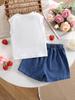 Two piece girls' casual cute and sweet strawberry bow printed vest paired with playful strawberry embroidery retro blue denim shorts set
