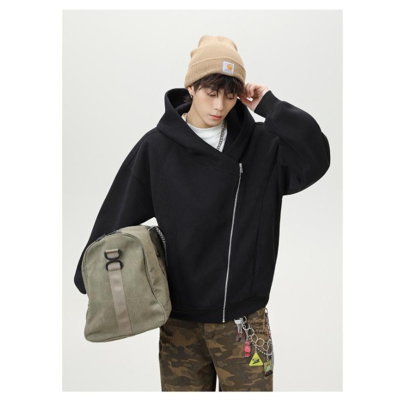 Herren S Locker Kurz Weite Silhouette Kapuzenpullover Freizeit Diagonal Reißverschluss Oberbekleidung