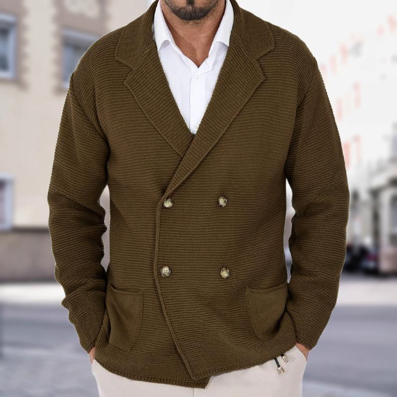 Men's Dark Blue Double Breasted Knit Cardigan with Gold Buttons, Thick Textured Fabric