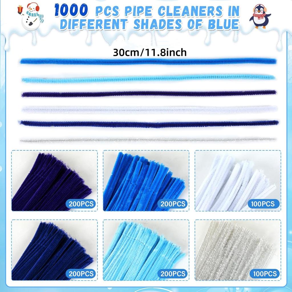 1000PCS Pipe Cleaners Craft Set 6 Assorted Colors Blue White Glitter Silver Chenille Stems, Craft Supplies Bulk for DIY Art