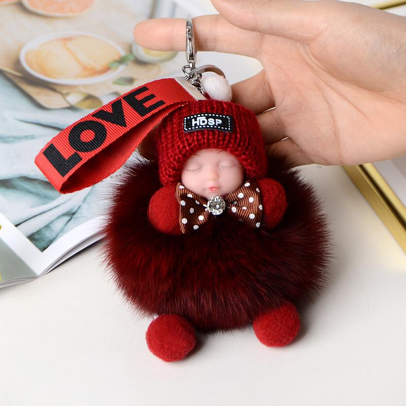 Pompom Sleeping Doll Keychain Cute Fluffy Plush Doll Keychains Women Girl Bags Keyrings Cars Key Ring Gift Charming Decoration