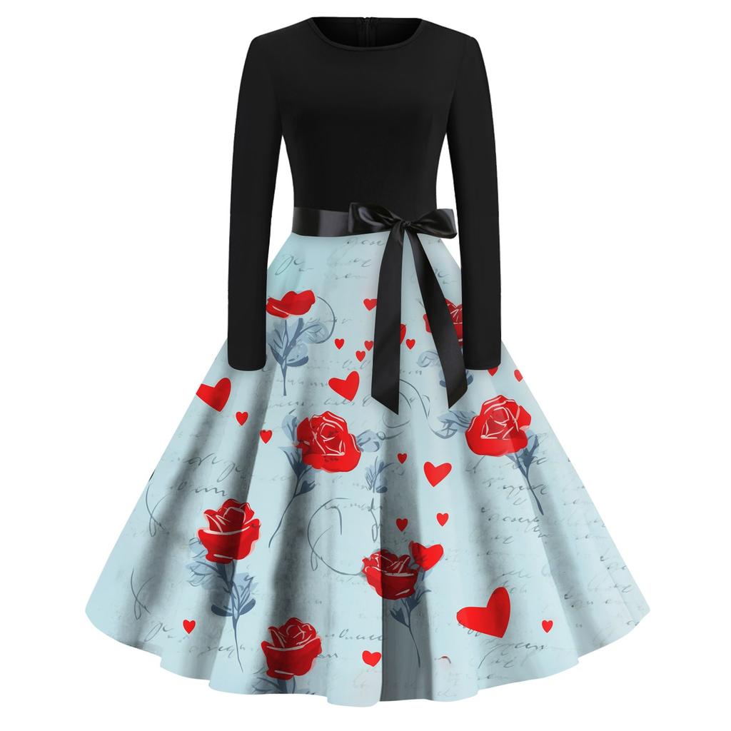 Women's Printed Round Neck Big Hem  Skirt Pleated Skirt Long Sleeved Dress Dress