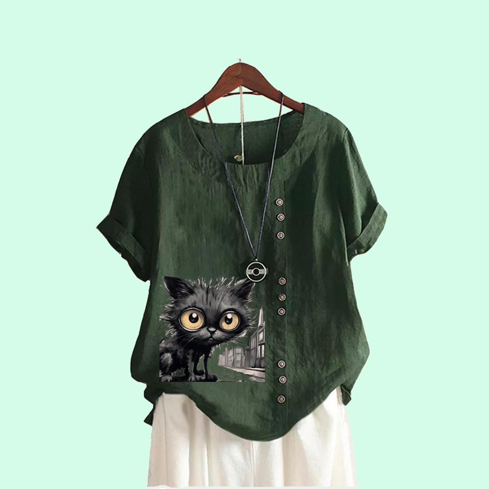 Modă Femei Top Mânecă Scurtă Gât Rotund Vară Larg Tricou In Laides Casua Bluză cu Imprimeu Pisică