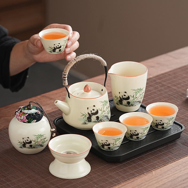 Guochao Ru Kiln Panda Tea Set Light Luxury Set Home Office Kung Fu Tea Ware Business Gifts Available