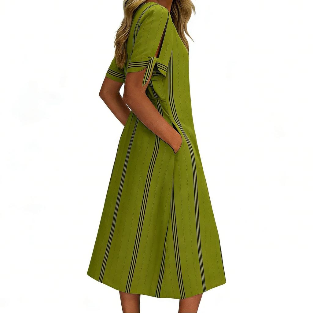 Women Summer Casual Round Neck Striped Dress Short Sleeve Loose Fit Midi Dress with Side Tie Sleeves and Pockets