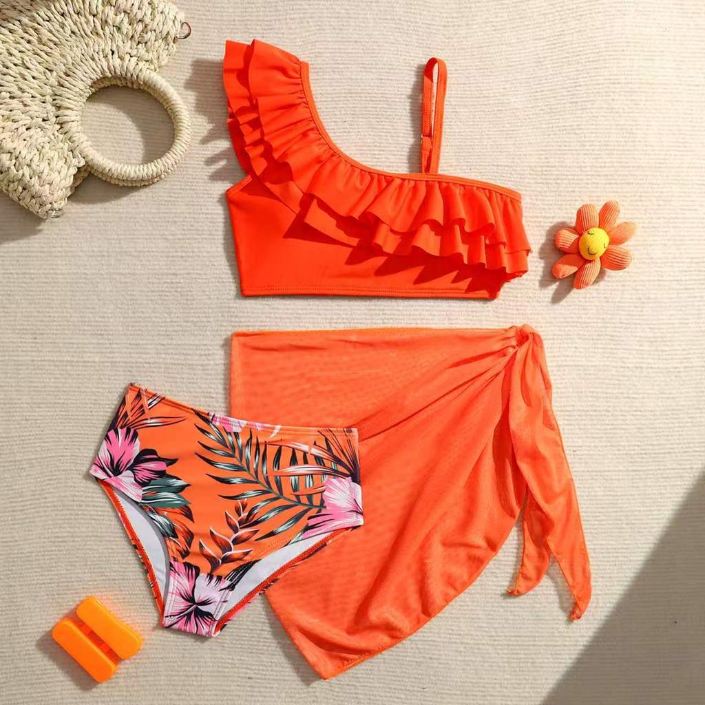 Girls Fashion High Waist Three Piece Swimsuit Set with Ruffle One Shoulder Top Printed Bottom and Sheer Wrap Skirt for Beach Pool