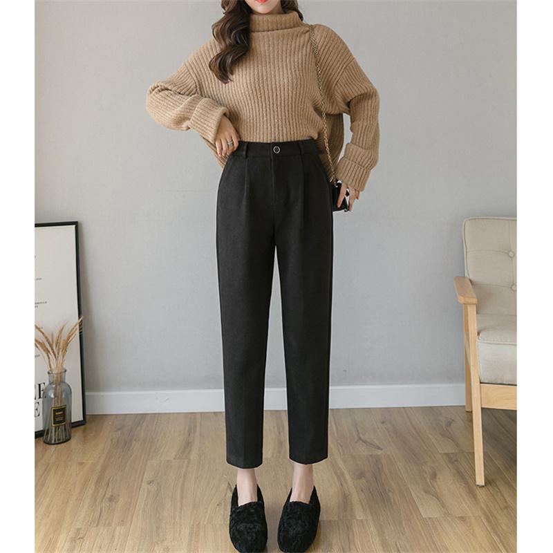 2022 Autumn Winter Korean Stytle Streetwear Vintage High Waist Casual Solid Color HaremWoolen Trousers Wool Straight Pants Women