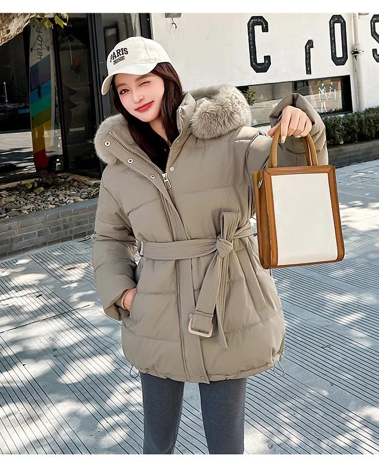 Women’s Short Big Fur Collar Hooded Windproof Thicken Warm Winter Jacket With Belt