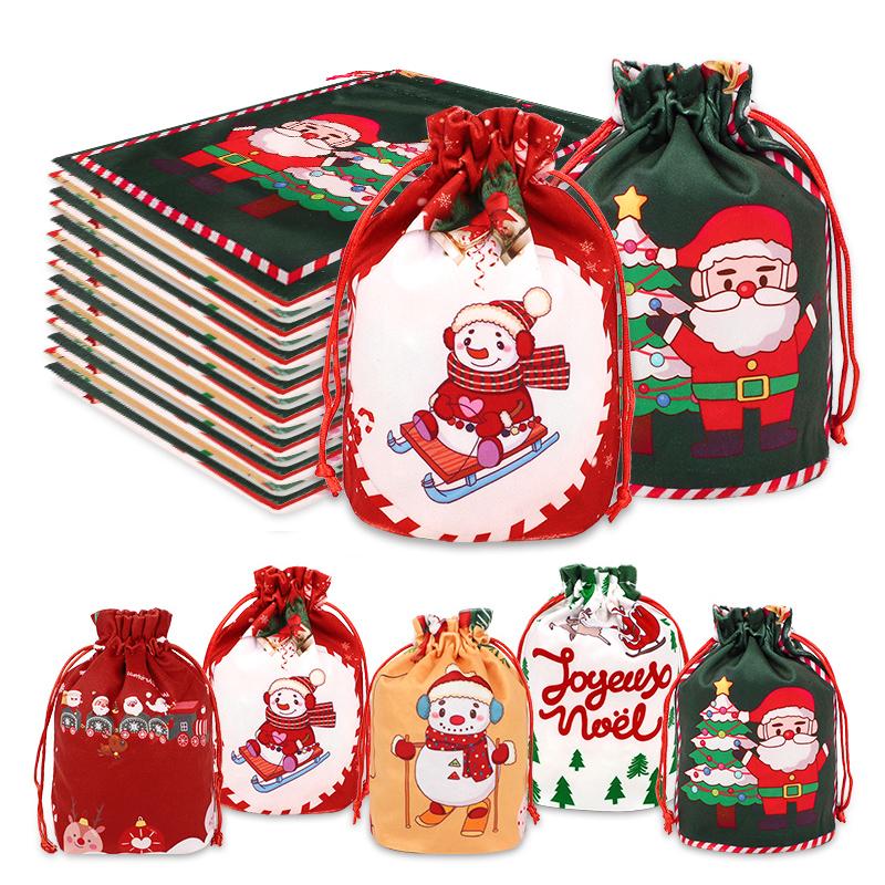 5pcs Christmas Drawstring Gift Bag Cartoon Candy Cookie Apple Wrap Bag Kids New Year Party Favors Supplies Christmas Decoration