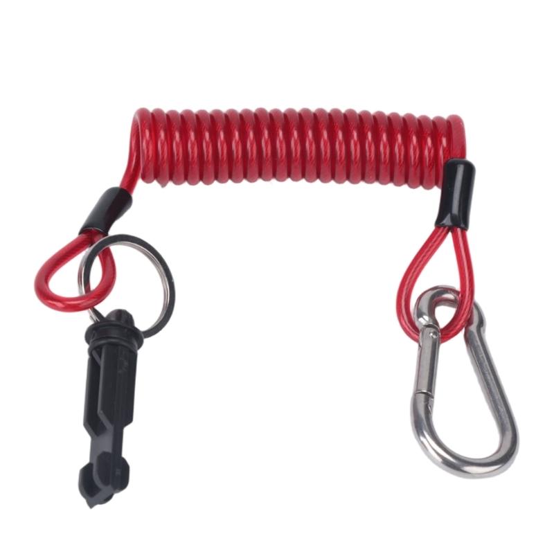 Coiled Trailer Brake Lanyard and Pin Assembly with Red Interlaced Cable, Metal Loop, and Snap Hook for Attachment to the Trailer Connection Point