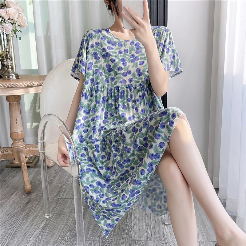 Cotton and silk nightgown women's summer thin short-sleeved cartoon printed pajamas can be worn outside long large size loose knee pajamas