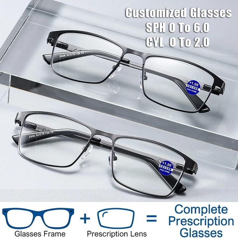 Customised Men Square Metal Frame Prescription Glasses HD Anti Blue Light Business Optical Lenses with Recipe