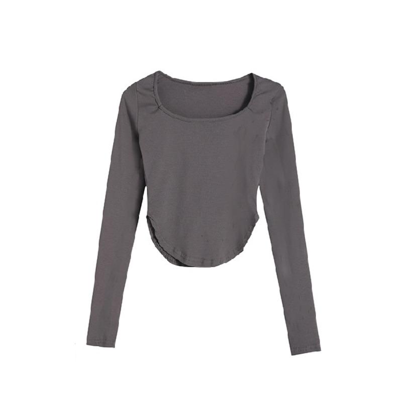 Retro nieregularna koszulka z długim rękawem damska nowa jesienna temperamentna dekolt w kształcie litery U dopasowana do ciała z jednokolorową górą Tide