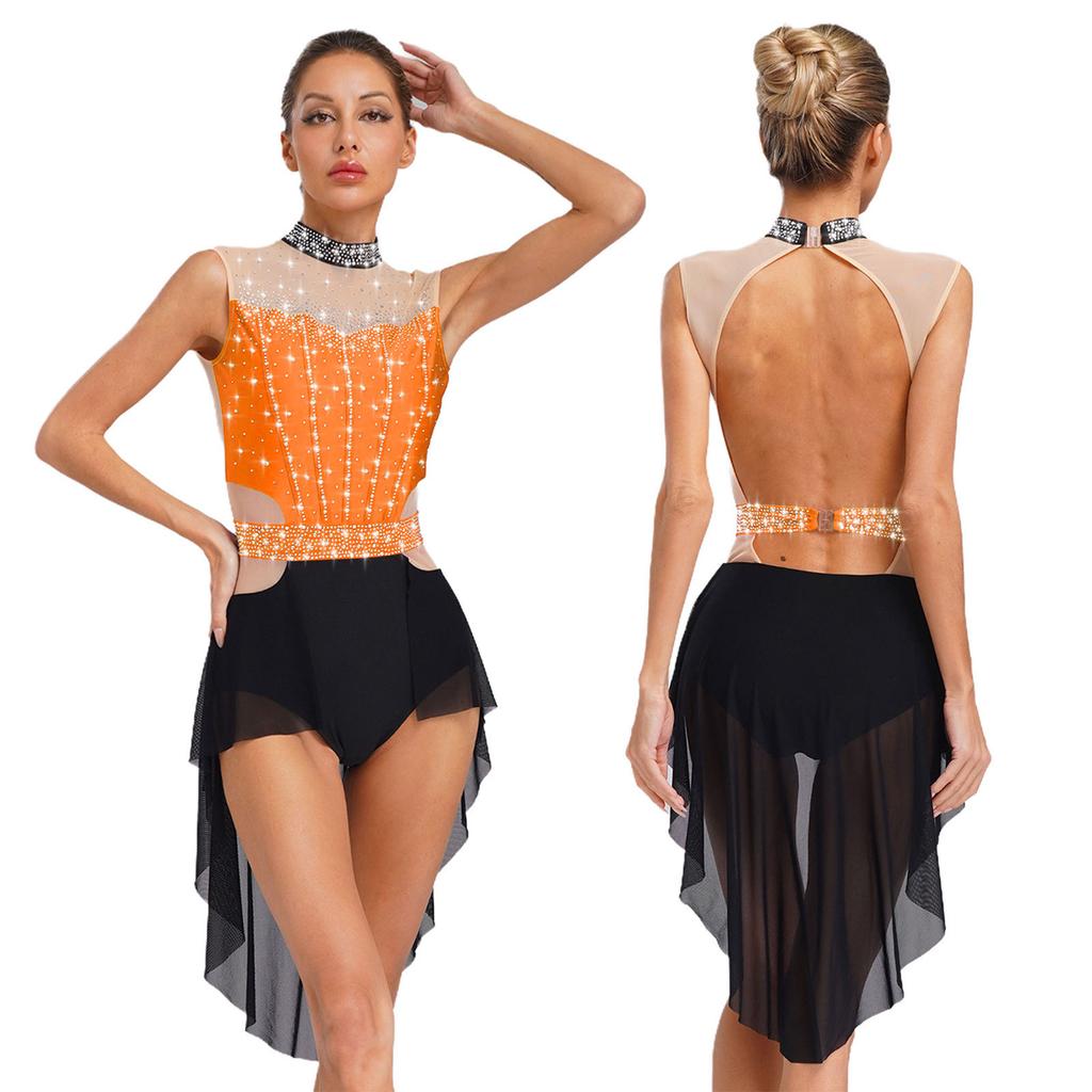 Damen Lyrisches Tanzkleid Stehkragen Ärmellos Rückenfrei mit Glänzenden Strasssteinen Farbblock Mesh