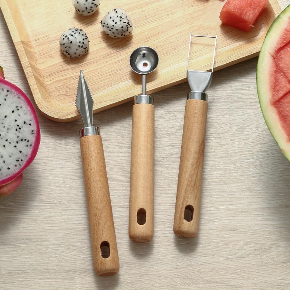 Wooden Handle Watermelon Scoop Stainless Steel Slicer Tools Multifunctional Fruit Scooper Kitchen