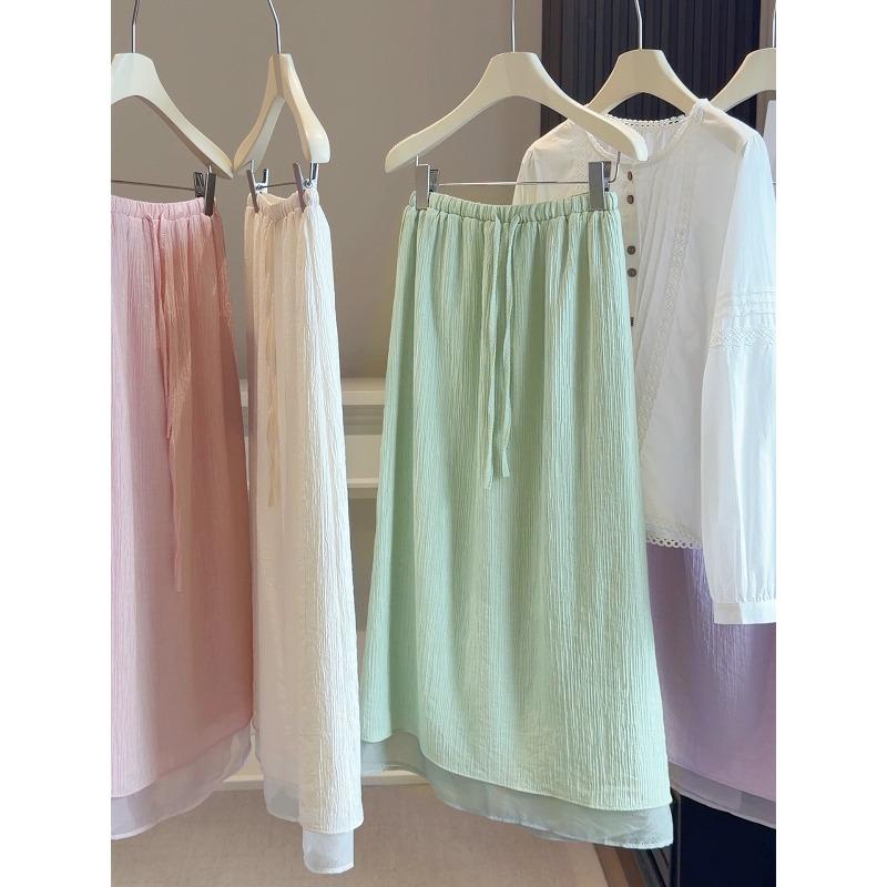 

Spring and summer new Korean texture high waist drawstring rear split hem mesh stitching fake two-piece skirt women M