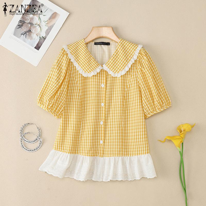 ZANZEA Women Casual Turn Down Collar Summer Short Sleeve Grid Blouse