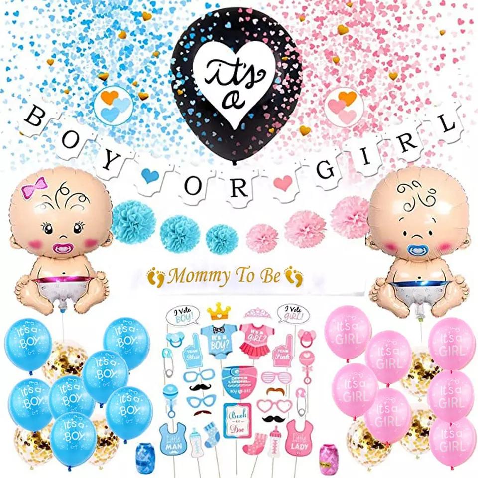Bruiloft Verjaardag Babyborrel Geslachtsonthulling Decoraties Stofblauw Wit Ballonnenboog Slingerset
