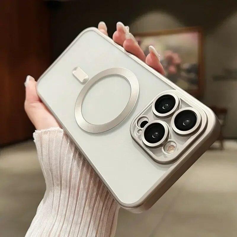 Luxury Matte Plating Frame Clear Case For IPhone 15 14 13 12 11 Pro Max Plus Magsafe Magnetic Wireless Charge Lens Protect Cover