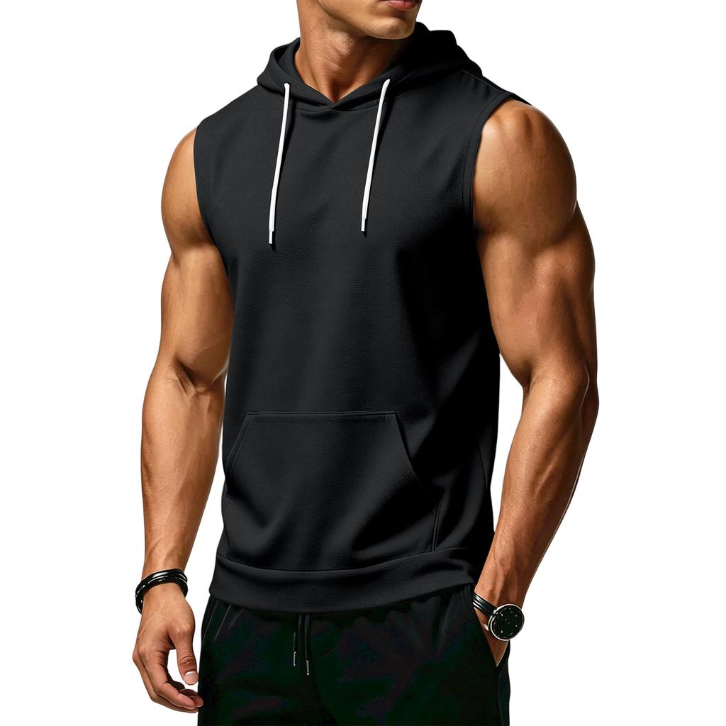 Men's Sleeveless Hoodie Casual Sportswear Muscle Fit Wide Shoulder Drawstring Hooded Pocket Tank Top