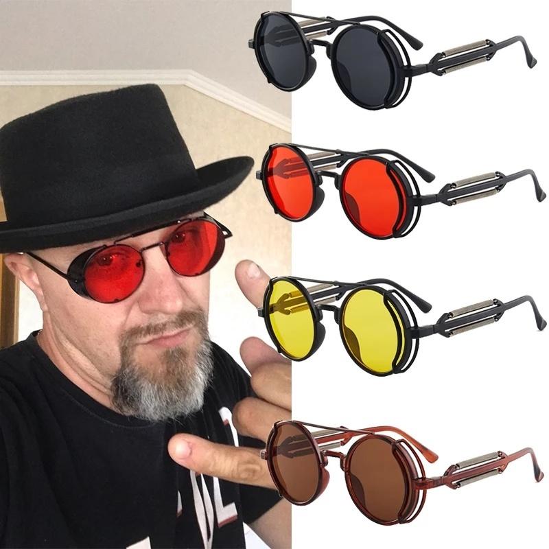 Vintage Steampunk Red Sunglasses Men Round Punk Alloy Metal Retro Sun Glasses Small Lens Women 2023 Goggles Gothic Style Shades