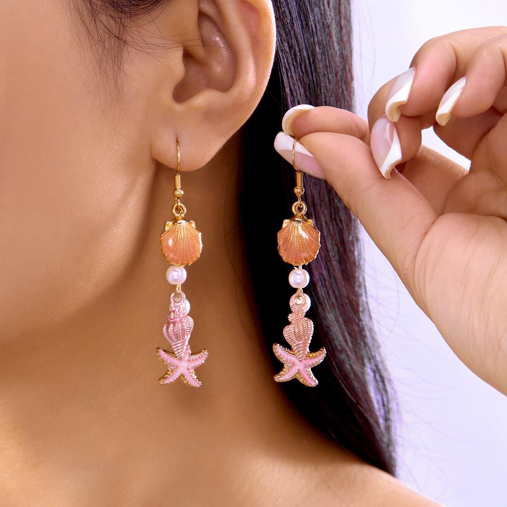 Bohemia Conch Shaped Starfish Dangle Earrings for Women Exquisite Pearl Star Long Tassel Drop Earring Girls Beach Party Gifts