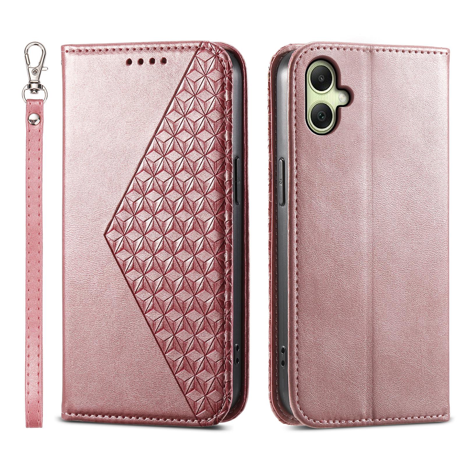 

For Samsung Galaxy A07 4G Case Calf Texture PU Leather Wallet Phone Cover with Wrist Strap Rose Gold