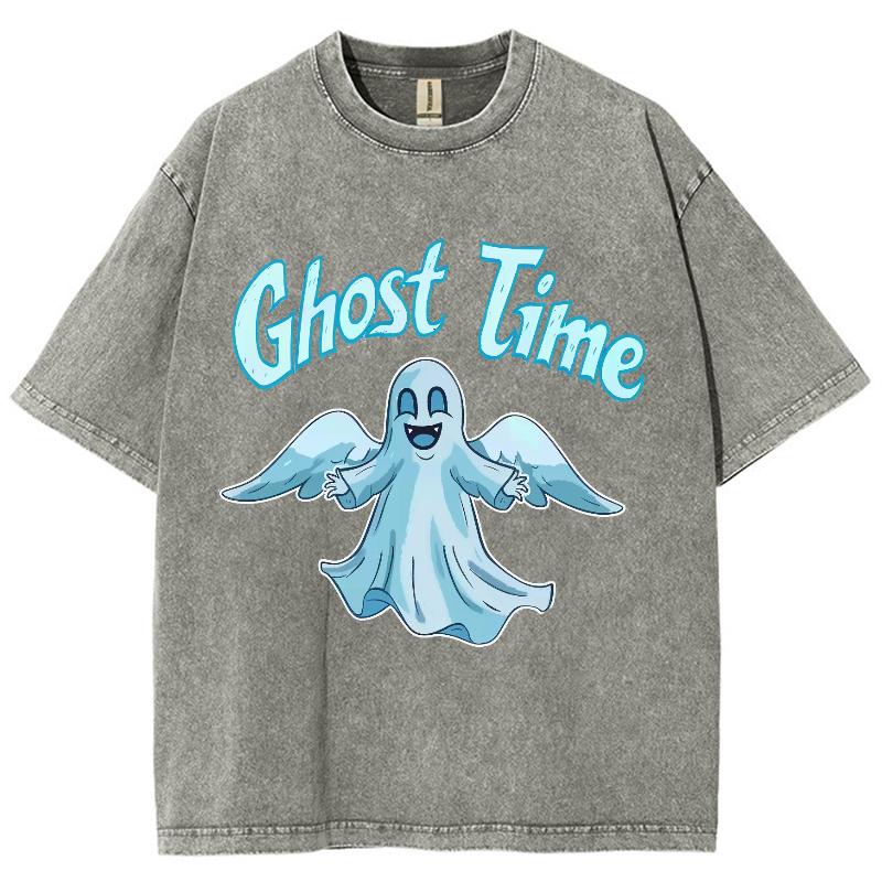 Blue Cartoon Ghost Print Women's T-Shirt Unisex Wash Cotton Crew Neck High Quality Short Sleeve Summer Basic Top