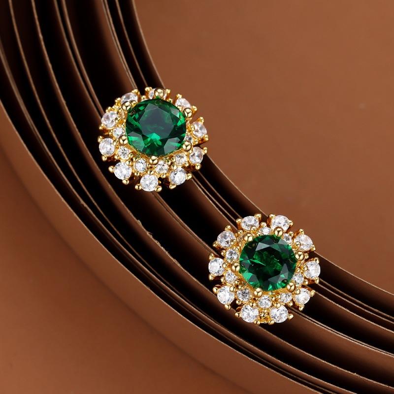 Wish explosion gold retro emerald full diamond stud earrings female round full diamond zircon retro super flash earrings