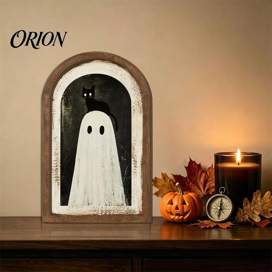 Halloween Spooky Decorative Sign Ghost Wall Decor, Cute Table Sign, Vintage Arch Framed Fall Season Accent Picture, Art for Mantel Living Room Bedroom