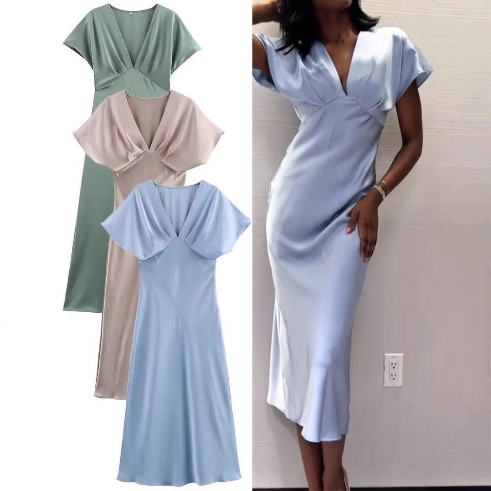 Spring and Summer New European and American Style Women's Clothing Fashion Temperament Casual V-neck Silk Satin Texture Dress