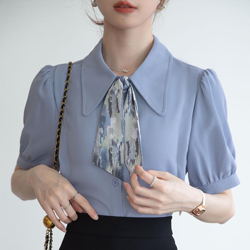 

Шифоновая блузка с коротким рукавом и завязкой для шикарных женщин 2025 – Стильная, нишевая летняя мода S