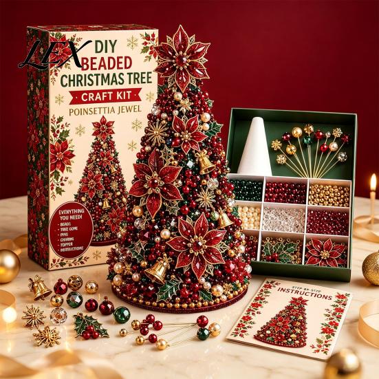 Immersive Handmade Experience Gift DIY Christmas Tree Beading Kit for Adults Beginners, 3D Ornament with Full Educational Art Tool Tools And
