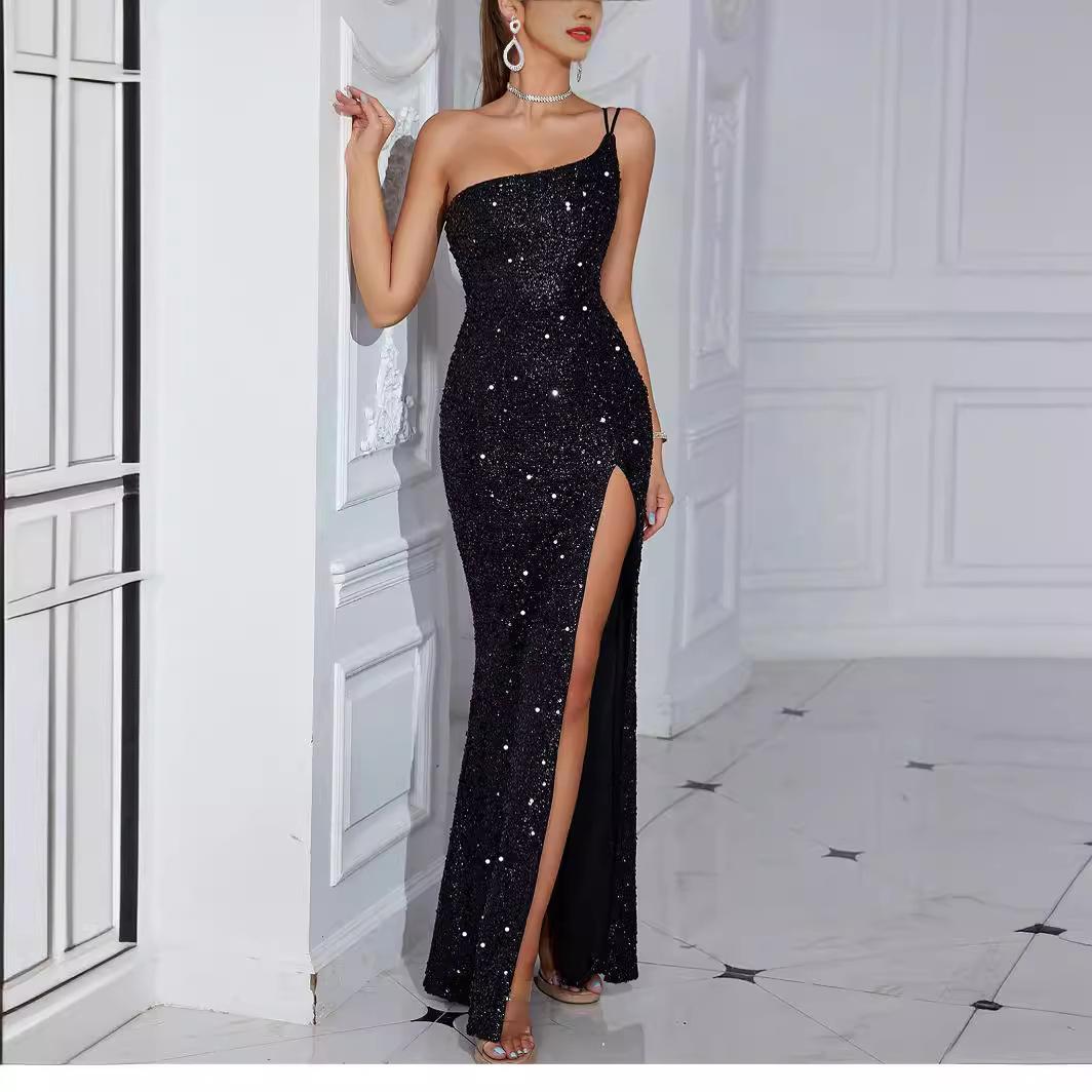 

IHUASU Весна Лето Банкетный дизайн Sense на одно плечо с пайетками золотого цвета для тяжелой промышленности вечернее платье женское платье «рыбий хвост» XXL чёрный