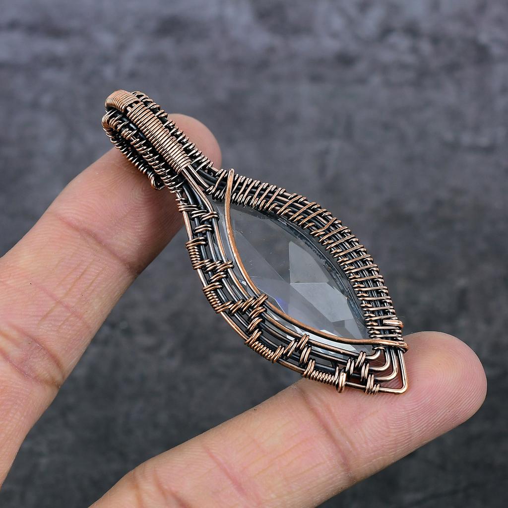 White Topaz Handmade Copper Wire Wrap Jewelry Pendant 2.76" Q7g85