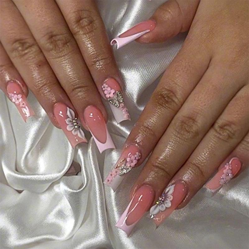 

Stiletto Butterfly Press-On Nails with Floral Inlaid Diamonds - 24 Pieces