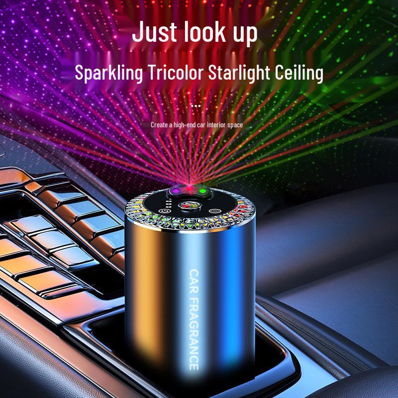 Starry Sky Automatic Car Aroma Diffuser: 3-Color Deodorizing Spray with Ambient Roof Lighting.