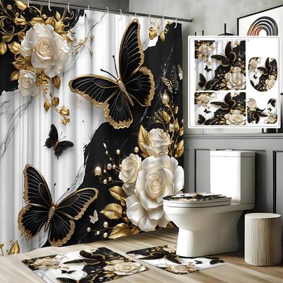 1/4Pcs Bathroom Shower Curtain Set Black Golden Floral Bathroom Curtain With 12 Hooks Non Slip Rugs Toilet Cover Mat Bathroom Partition
