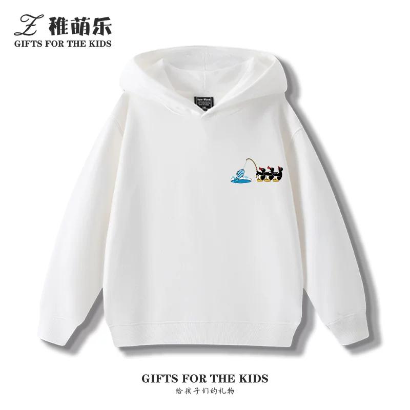 Kids' Fleece-Lined Hooded Sweatshirt with Fun Cartoon Penguin Print – Warm Pullover for Boys and Girls (Autumn/Winter)