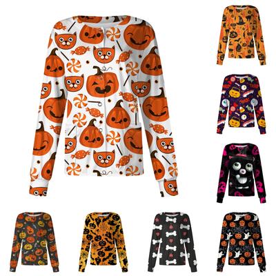 Damski wzór z długim rękawem, kieszonkowy, roboczy nadruk na Halloween, stójka, jednorzędowy kombinezon ochronny, kurtka typu cardigan Top