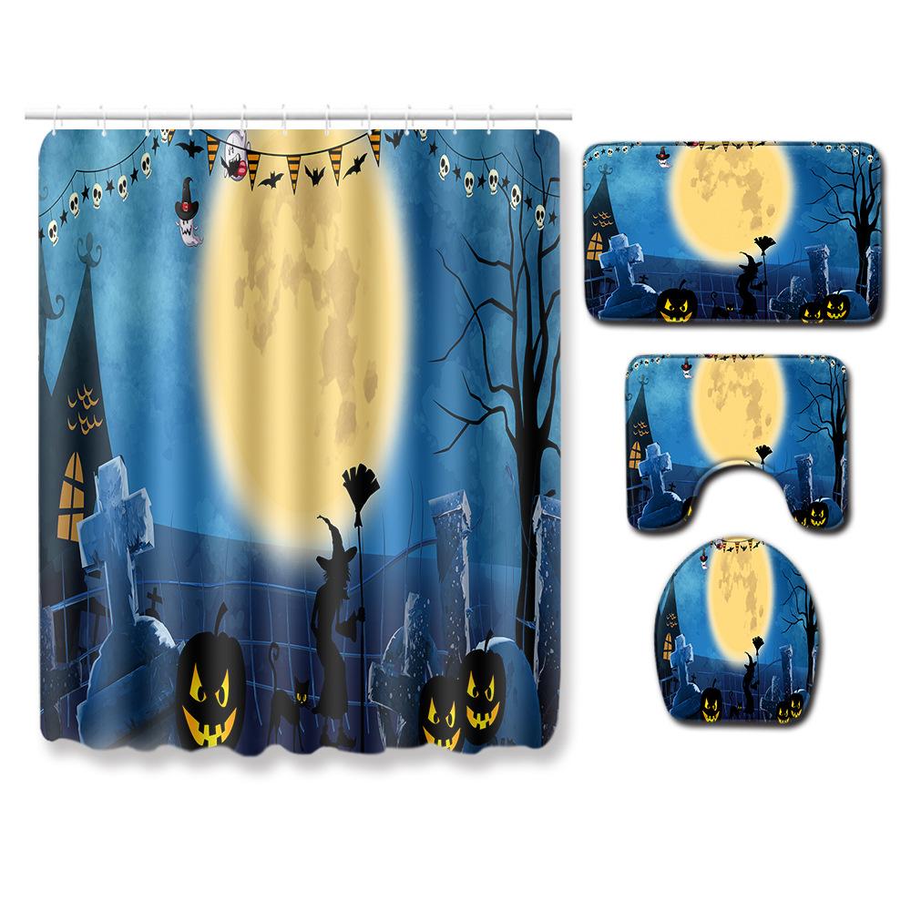 Halloween Shower Curtain Floor Mat Combination Four-Piece Set Bathroom Toilet Carpet Shower Room Mat Foot Mat