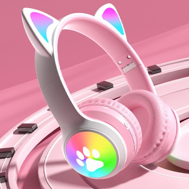 Active Noise Cancelling Wireless Bluetooth-compatible Cats  Ear Headphones Led Foldable Earphones TF Card Support